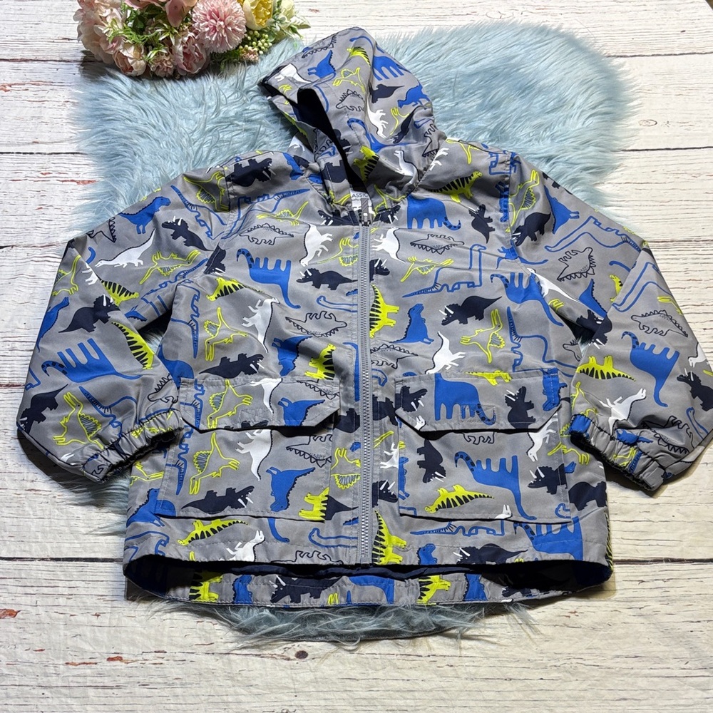 Carter's Grey Hooded Jacket with Blue & Lime Dino Rain Jacket sz 7